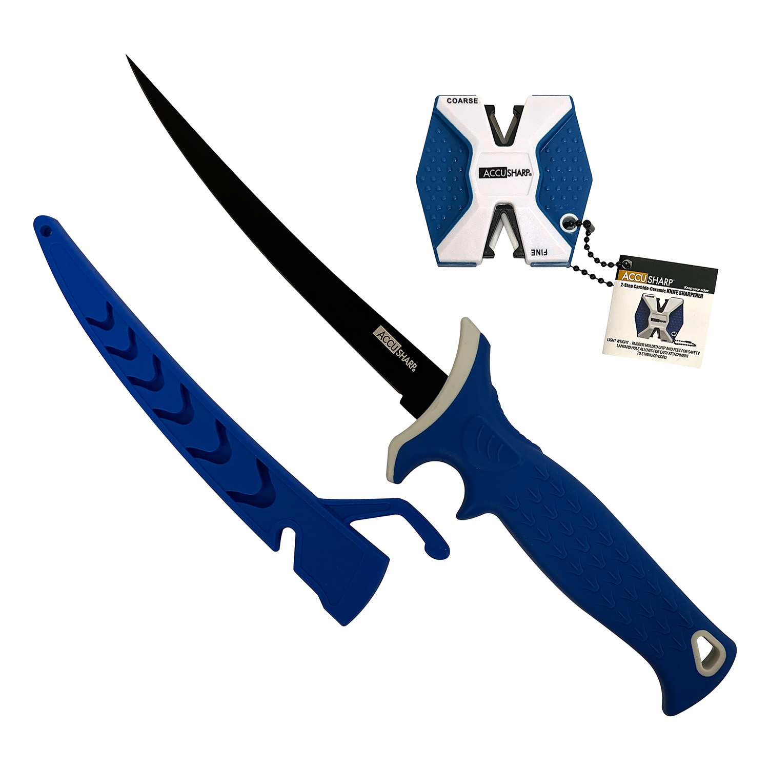AccuSharp 736C Fillet w/Sharpener 6.50″ Fixed Fillet Plain Satin Titanium Coated Stainless Steel Blade/Royal Blue Ergonomic Anti-Slip Rubber Handle Includes 2-Step Sharpener