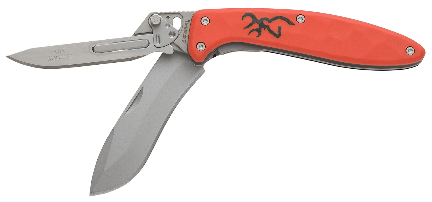 Browning 3220462 Primal Scalpel 2 2.75″ Folding Drop Point/Scalpel Plain Blaze Orange 8Cr13MoV SS Blade, Blaze Orange Polymer w/Rubber Overmold Handle