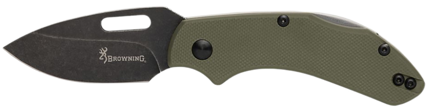 Browning 3220504 Hidden Hollow EDC Small 2.25″ Folding Drop Point Plain Black Oxide Stonewashed D2 Steel Blade, OD Green G10 Handle