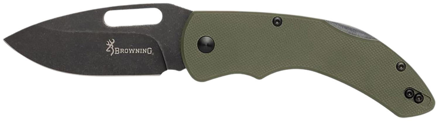 Browning 3220506 Hidden Hollow EDC Large 3″ Folding Drop Point Plain Black Oxide Stonewashed D2 Steel Blade, OD Green G10 Handle