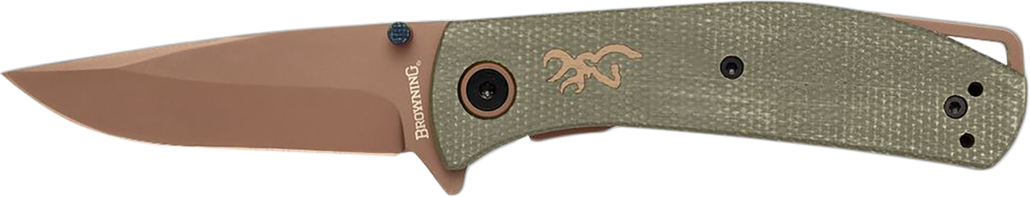 Browning 3220516 Trailside EDC Small 3″ Folding Modified Drop Point Plain Titanium Finish D2 Steel Blade, Green Micarta Handle