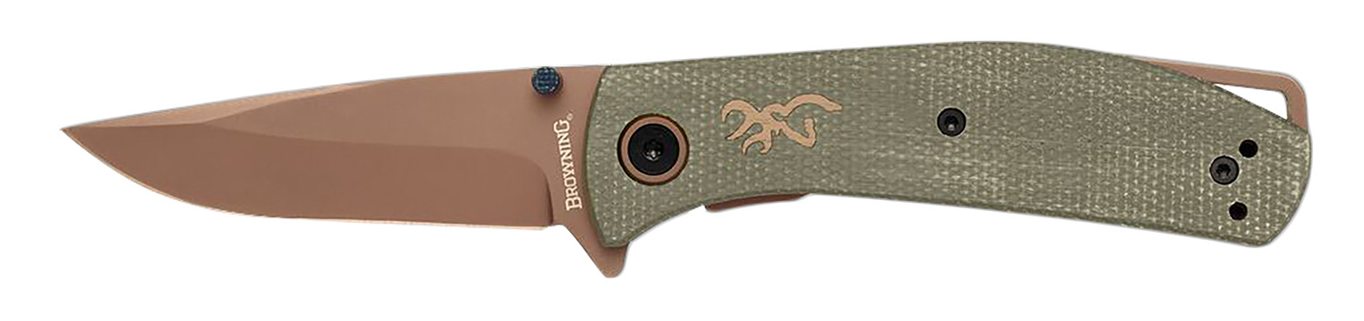 Browning 3220516B Trailside EDC Small 3″ Folding Modified Drop Point Plain Titanium Finish D2 Steel Blade, Green Micarta Handle, Boxed Pkg