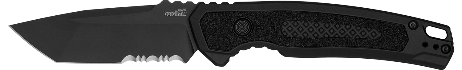 Kershaw 7105 Launch 16 Automatic 3.45″ Folding Tanto Part Serrated Plain Black Cerakote CPM M4 Steel Blade, Black Cerakote Aluminum Handle