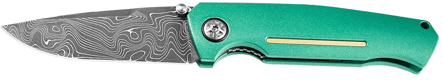 Boker 111102DAM   3.22″ Drop Point Plain Damascus Blade Green Aluminum Handle