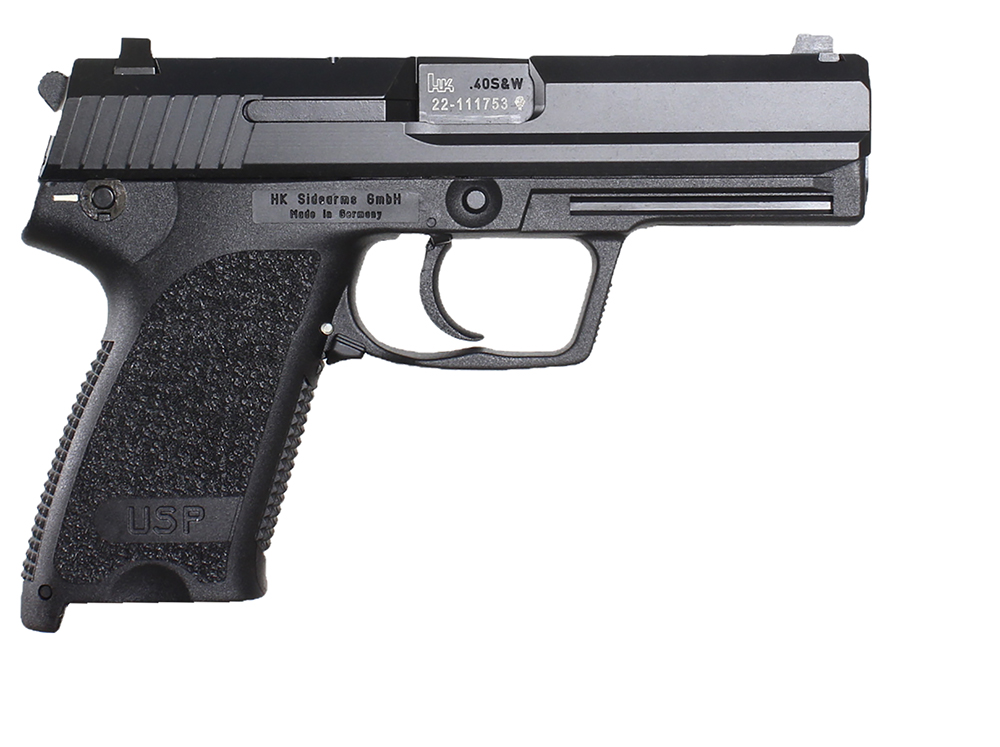 HK 81000322 USP V1 SA/DA 45 ACP Caliber with 4.41″ Barrel, 12+1 Capacity, Overall Black Finish, Serrated Trigger Guard Frame, Serrated Steel Slide & Polymer Grip Includes 2 Mags