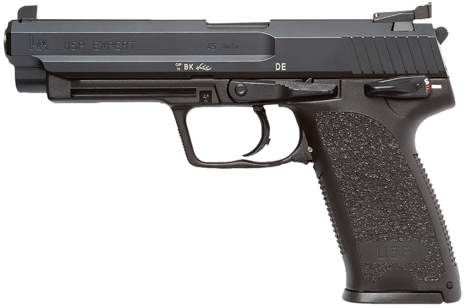 HK 81000365 USP Expert V1 SA/DA 45 ACP Caliber with 5.19″ Barrel, 10+1 Capacity, Overall Black Finish, Serrated Trigger Guard Frame, Serrated Long Steel Slide & Polymer Grip Includes 2 Mags