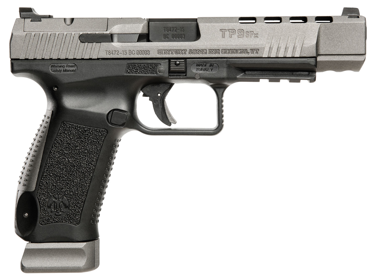 Canik HG3774GN TP9SFx  9mm Luger 20+1, 5.20″ Black Nitride Match Grade Barrel, Tungsten Gray Cerakote Optic Ready/Serrated w/Ports Steel Slide, Black Polymer Frame w/Picatinny Rail, Ambidextrous