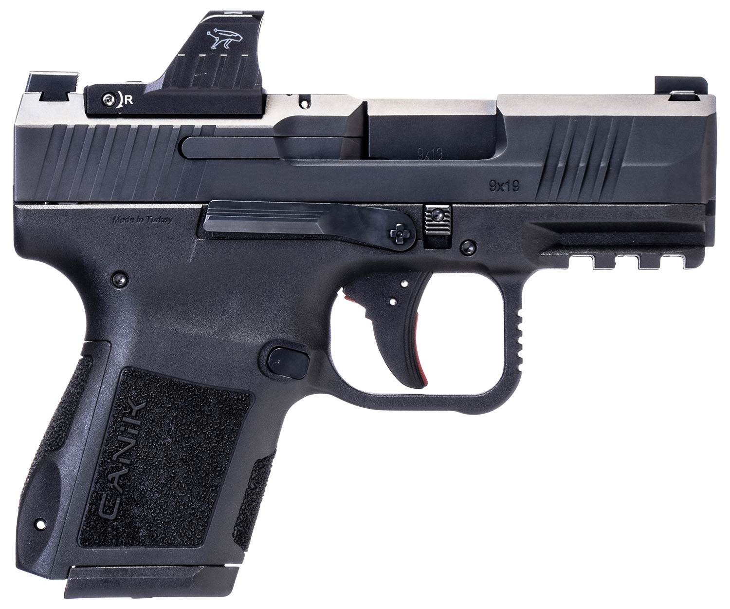 Canik HG7620VN Mete MC9 9mm Luger 15+1, 3.18″ Black Steel Barrel, Black Tenifer Cerakote Optic Ready/Serrated Steel Slide, Black Polymer Frame w/Picatinny Rail, MeCanik M01 Red Dot