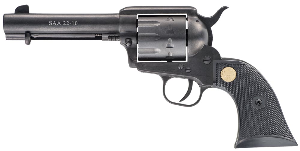 Chiappa Firearms CF340155 SAA 1873 Medium Frame 22 LR 10 Shot, 4.75″ Blued Steel Barrel, Blued Steel Frame, Blued Cylinder, Black Plastic Grip, Exposed Hammer