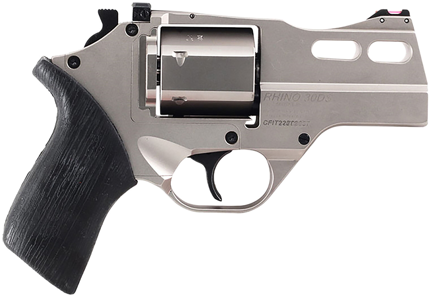 Chiappa Firearms 340290 Rhino 30DS Small Frame 357 Mag 6 Shot, 3″ Nickel-Plated Steel Vent Rib Barrel & Cylinder, Nickel-Plated Aluminum Frame, Black Rubber Grip, Concealed Hammer