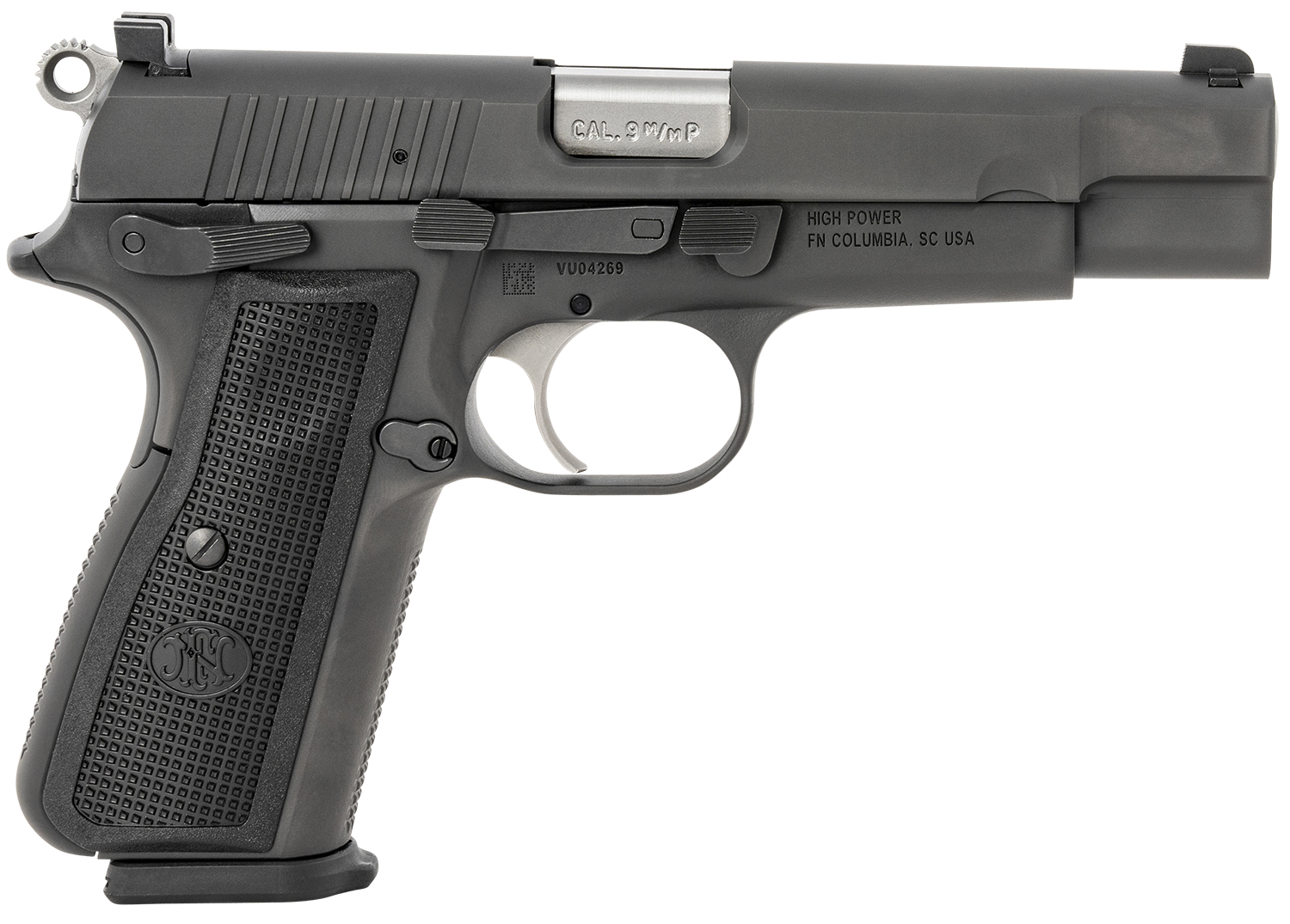 FN 66100256 High Power 9mm Luger 17+1, 4.70″ Black Target Crown Steel Barrel, Black PVD Serrated Steel Slide & Steel Frame w/Beavertail, Black Textured Polymer Grip, Ambidextrous