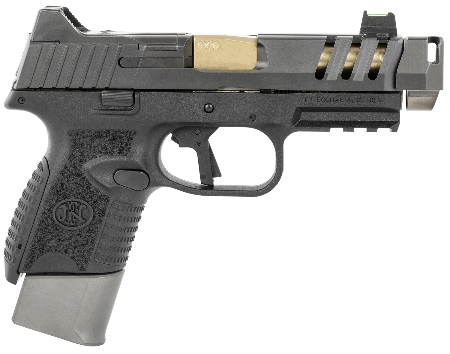 FN 66101347 509 CC Edge 9mm Luger 12+1/15+1 (2) 4.20″ Threaded Gold Barrel, Black Frame, Graphite Optic & Lightening Cut Slide, Optic Height Fiber Optic Sights, Compensator (No Manual)
