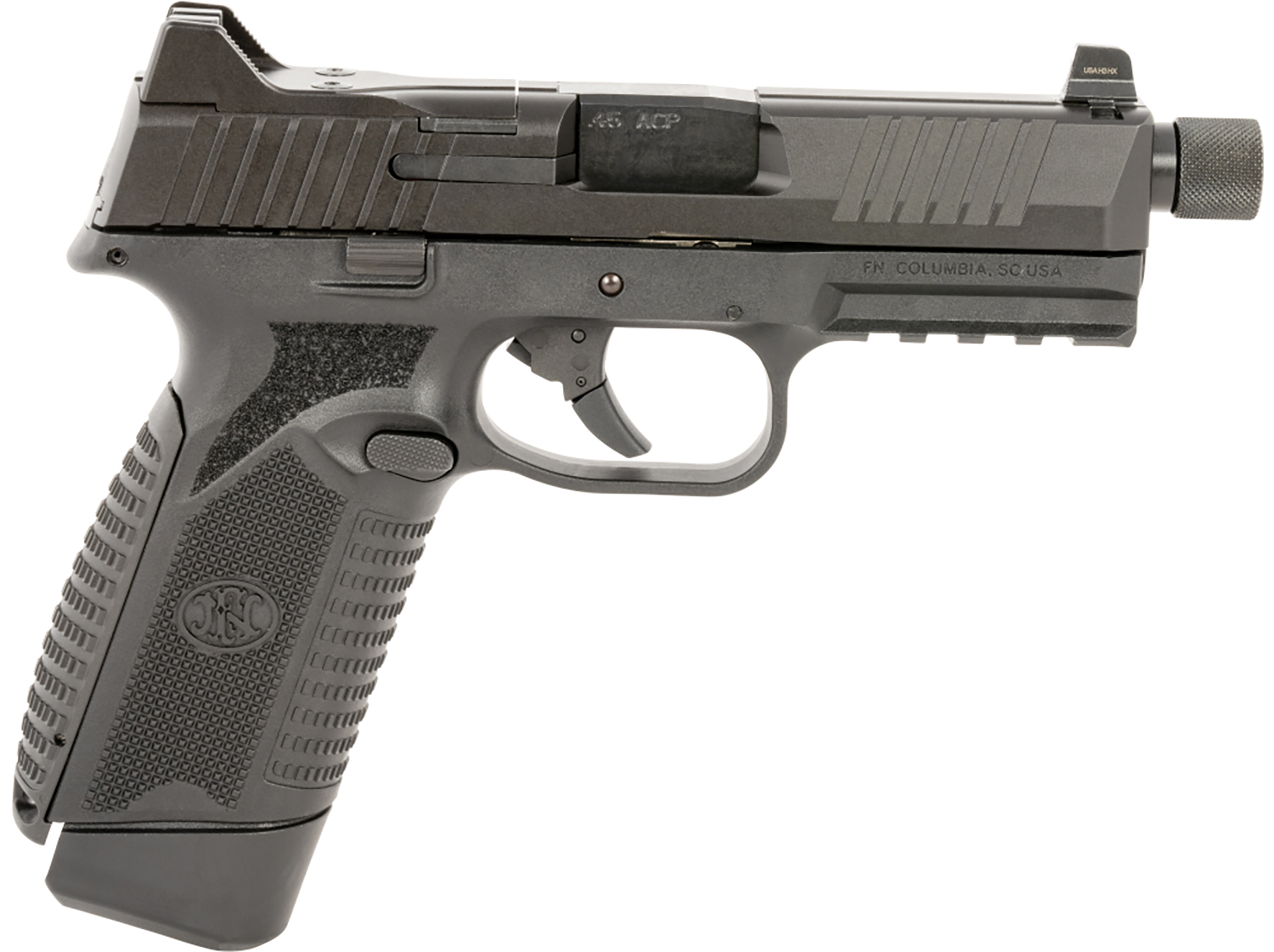 FN 66101385 545 Tactical 45 ACP 10+1 4.71″ Black Target Crown/Threaded Steel Barrel, Black Optic Cut/Serrated Steel Slide & Polymer Frame w/Picatinny Rail,  Ambidextrous