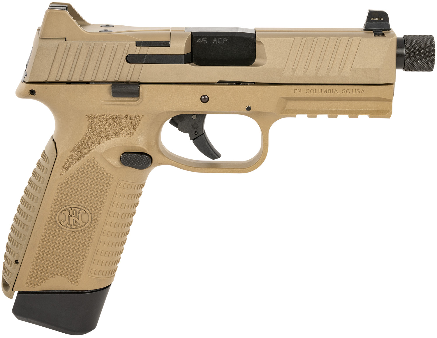 FN 66101386 545 Tactical 45 ACP 10+1 4.71″ Black Target Crown/Threaded Steel Barrel, Flat Dark Earth PVD Optic Cut/Serrated Slide & Polymer Frame w/Picatinny Rail, Ambidextrous