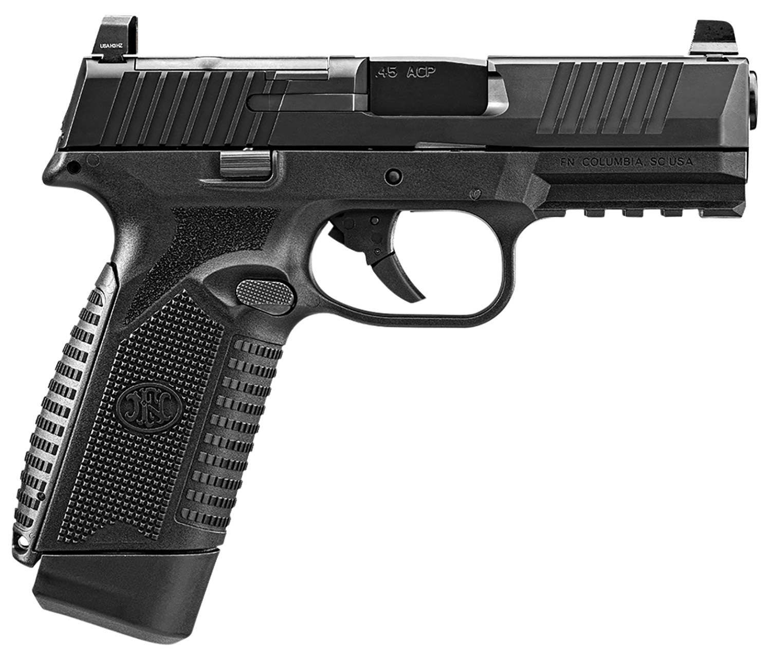 FN 66101389 545 MRD Full Size 45 ACP 10+1 4.10″ Black Target Crown Steel Barrel, Black PVD Optic Cut/Serrated Steel Slide & Polymer Frame w/Picatinny Rail, Ambidextrous