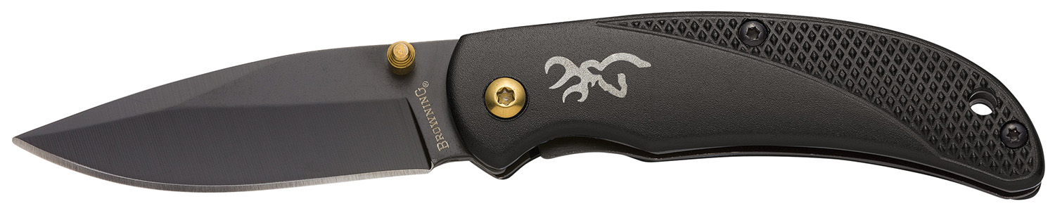 Browning 3220340 Prism 3 EDC Folding 2.38″ Plain Black Oxide 7Cr17MoV SS Blade, Black w/Brass Accents & Logo Anodized Aluminum Handle, Includes Pocket Clip