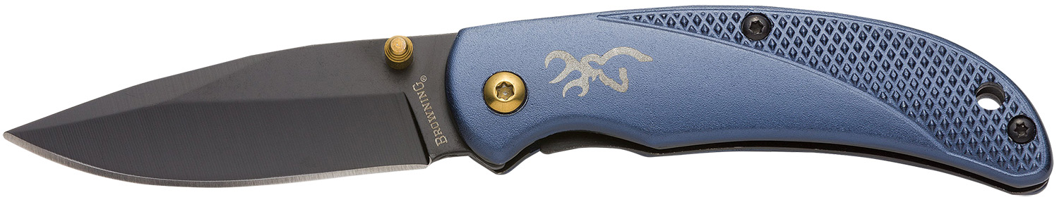 Browning 3220341 Prism 3 EDC Folding 2.38″ Plain Black Oxide 7Cr17MoV SS Blade, Navy w/Brass Accents & Logo Anodized Aluminum Handle, Includes Pocket Clip