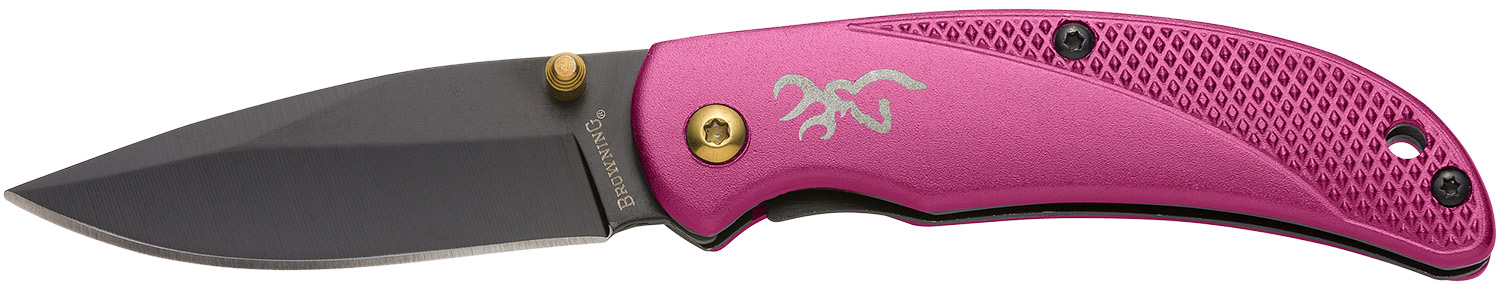 Browning 3220343 Prism 3 EDC Folding 2.38″ Plain Black Oxide 7Cr17MoV SS Blade, Plum w/Brass Accents & Logo Anodized Aluminum Handle, Includes Pocket Clip