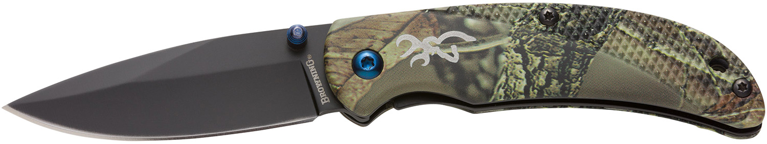 Browning 3220344 Prism 3 EDC Folding 2.38″ Plain Black Oxide 7Cr17MoV SS Blade, Camo w/Brass Accents & Logo Anodized Aluminum Handle, Includes Pocket Clip