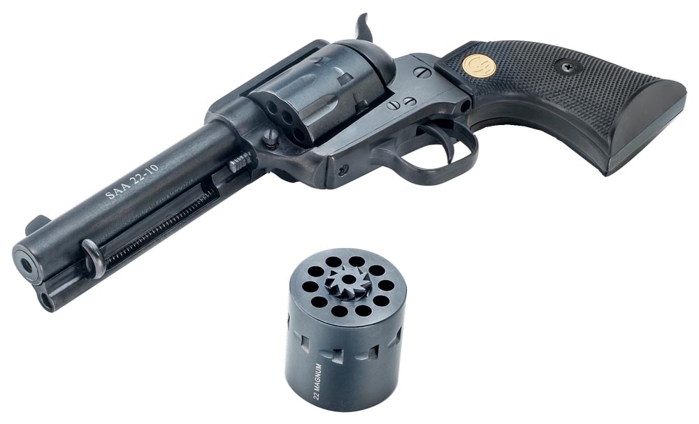 Chiappa Firearms CF340155D SAA 1873 Medium Frame 22 LR 22 WMR 10 Shot, 4.75″ Blued Steel Barrel, Blued Steel Frame, Blued Cylinder, Black Polymer Grip, Exposed Hammer