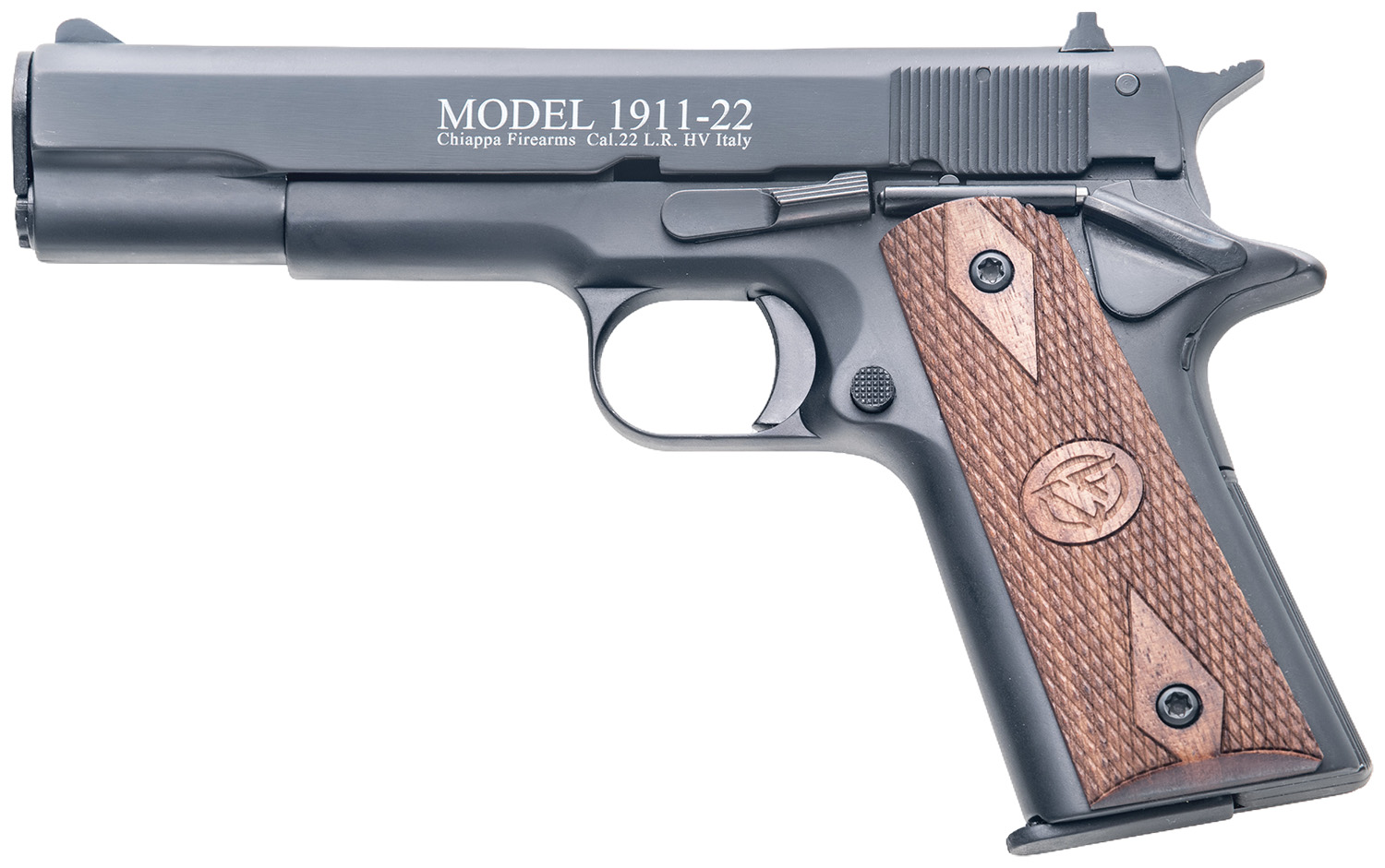 Chiappa Firearms 401038 1911-22 22 LR 10+1, 5″ Black Steel Barrel, Blued Serrated Slide, Blued Aluminum Frame w/Beavertail, Stippled Walnut Grip, Manual Thumb Safety, Right Hand