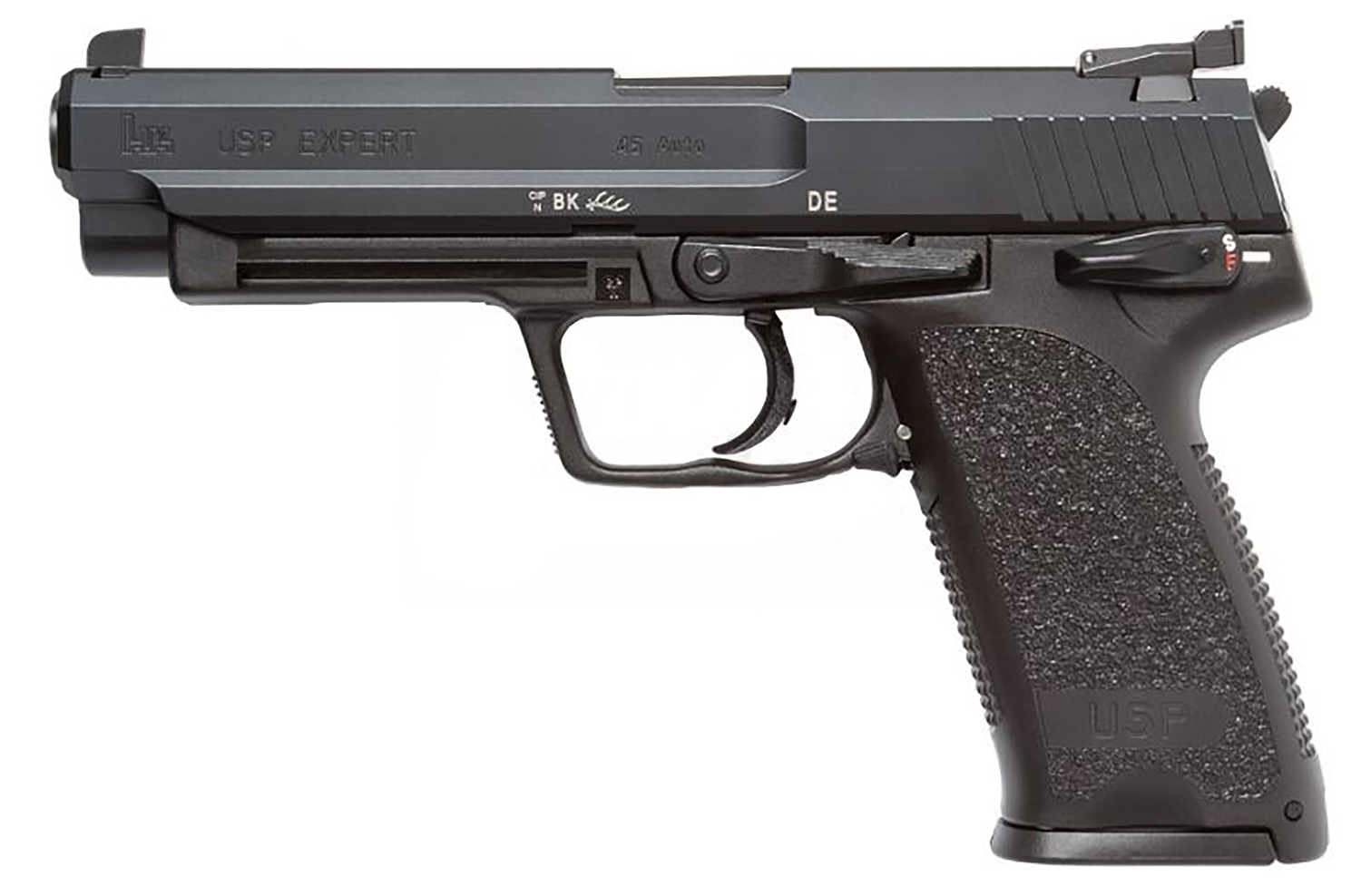 HK 81000364 USP Expert V1 SA/DA 45 ACP Caliber with 5.19″ Barrel, 12+1 Capacity, Overall Black Finish, Serrated Trigger Guard Frame, Serrated Long Steel Slide & Polymer Grip Includes 2 Mags