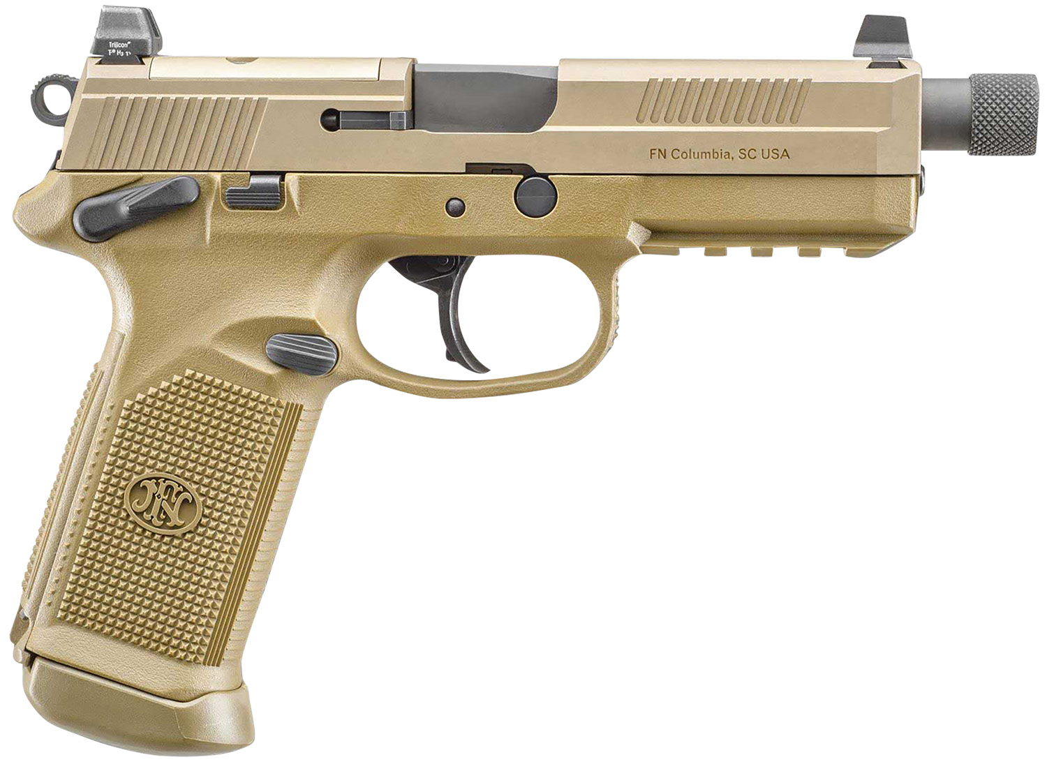 FN 66982 FNX Tactical 45 ACP 10+1 5.30″ Black Steel Threaded Barrel, Flat Dark Earth Optic Cut/Serrated Steel Slide & Polymer Frame w/Picatinny Rail, FDE Interchangeable Backstrap Grip, Ambidextrous