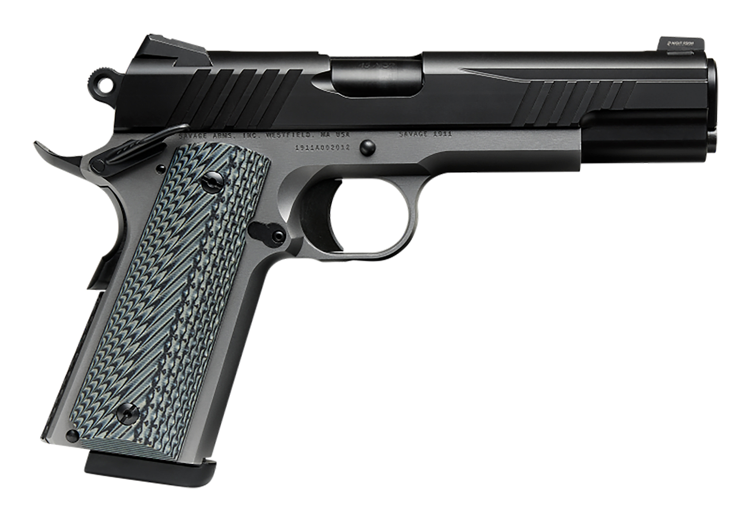 Savage Arms 67206 1911 Government 9mm Luger 10+1 5″ Black Stainless Steel Barrel, Black Nitride Serrated Stainless Steel Slide, Stainless Steel Frame w/Beavertail, Black/Gray VZ Grip
