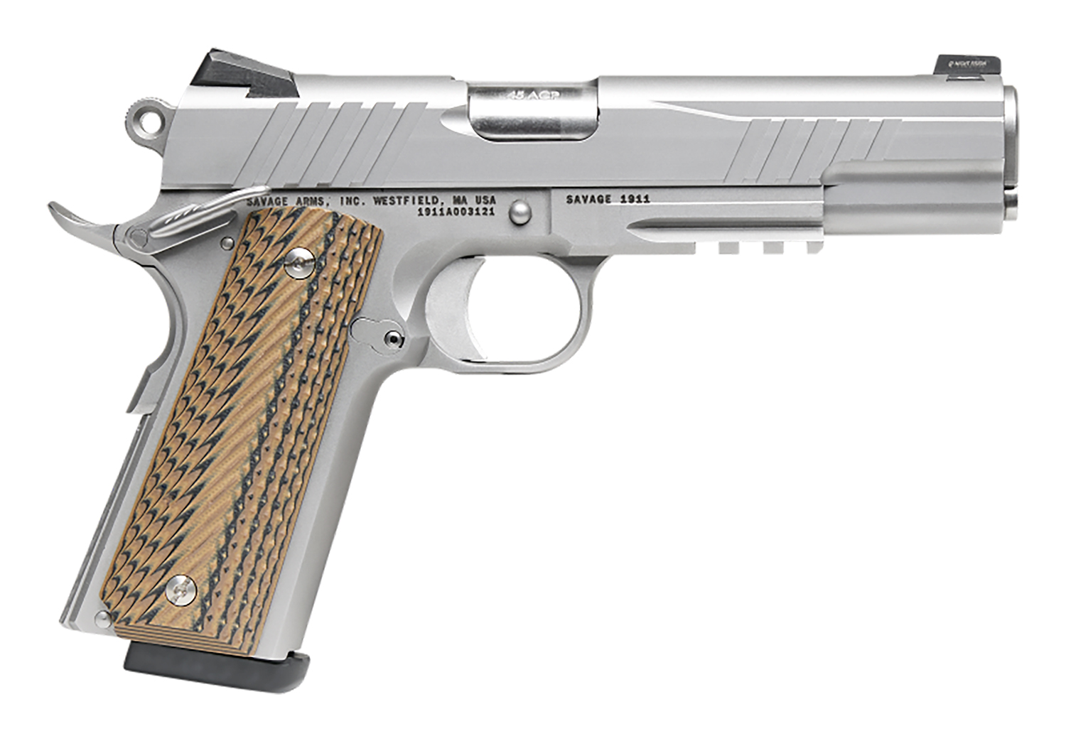 Savage Arms 67209 1911 Government 9mm Luger 10+1 5″ Stainless Target Crown Steel Barrel, Serrated Stainless Steel Slide & Frame w/Beavertail & Picatinny Rail, Hyena Brown G10 Grip, Ambidextrous