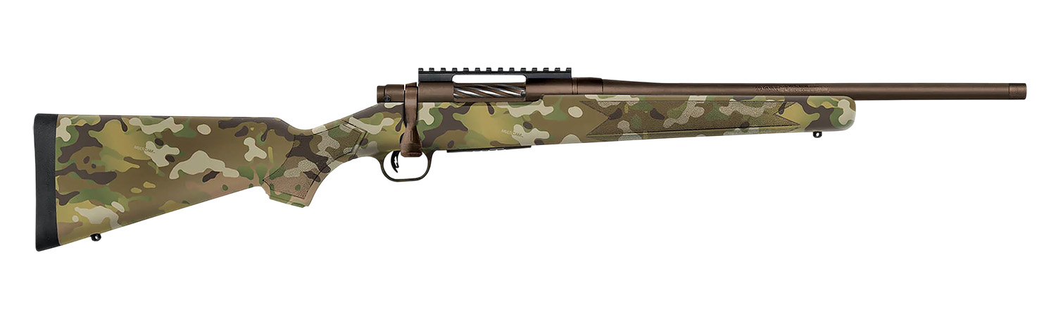 Mossberg 28275 Patriot  Compact 22-250 Rem 5+1 18″ Patriot Brown Cerakote Threaded Bull Barrel, Patriot Brown Cerakote Steel Receiver w/Picatinny Rail, MultiCam Fixed Synthetic Stock