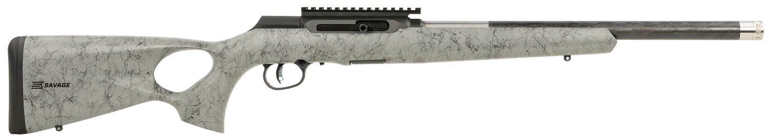 Savage Arms 47253 A Series TimberLite 22LR 10+1 18″ Black Threaded Carbon Fiber/SS Barrel, Black Picatinny Rail Steel Receiver, Gray w/Black Webbing Synthetic Fixed Thumbhole Stock