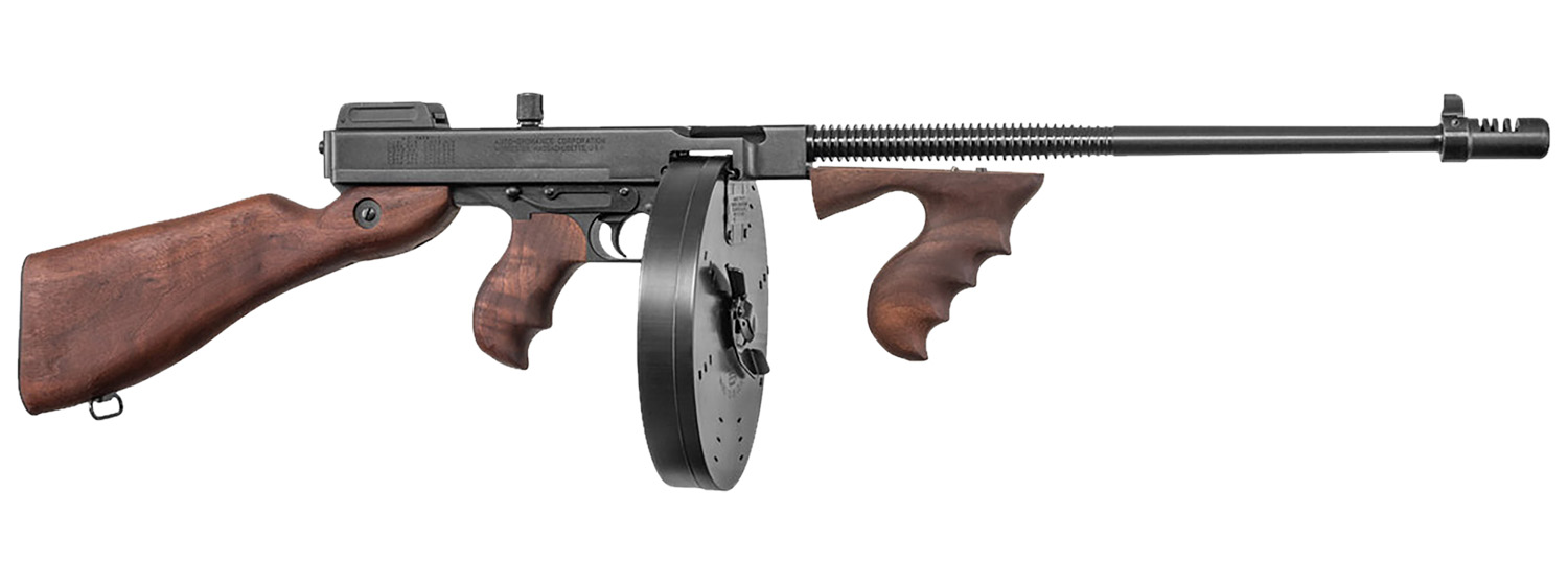 Thompson T1100D 1927A-1 Deluxe Carbine 45 ACP Caliber with 18″ Barrel, 20+1 Capacity (Stick), 100+1 Capacity (Drum), Blued Metal Finish, American Walnut Stock Wood Grip Right Hand