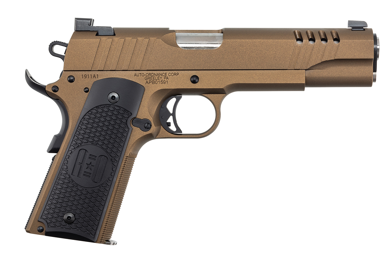 Auto-Ordnance 1911TCAC10 1911 45 ACP 7+1 5″ Stainless Steel Barrel, Serrated Stainless Steel Slide, Burnt Bronze Cerakote Steel Frame w/Beavertail, Armor Black Cerakote Engraved Aluminum Grip