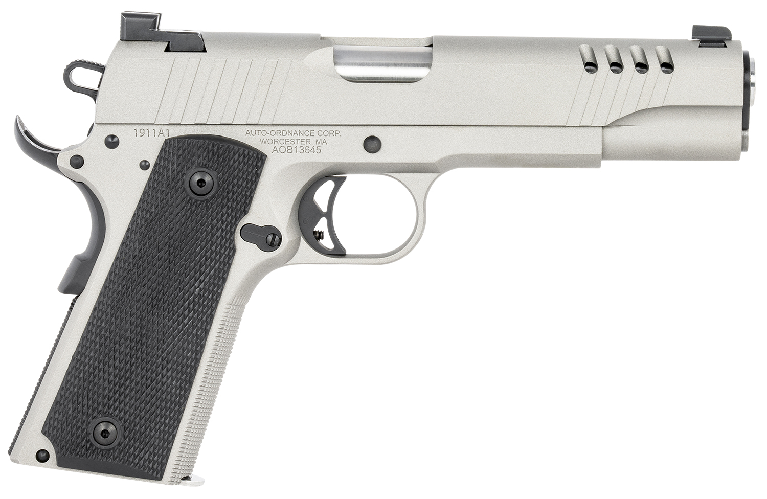 Auto-Ordnance 1911TCAC6 1911 A1 45 ACP 7+1 5″ Savage Silver Cerakoate, Serrated/Ported Slide, Black Rubber Grips, Fixed 3-Dot Combat Day Sights