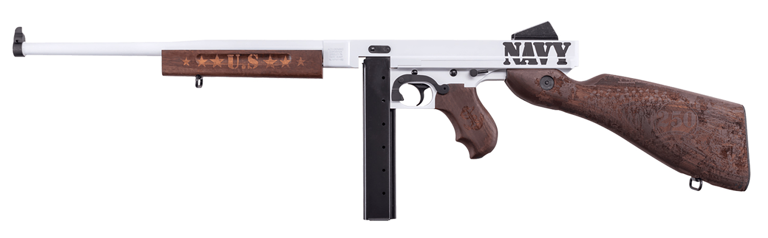 Thompson TM1C5 Navy 250th Anniversary 45 ACP 30+1 16.50″ Arctic White & Savage Stainless Cerakote Arctic Steel Barrel & Receiver, Engraved Walnut Fixed Stock, Engraved Wood Grip