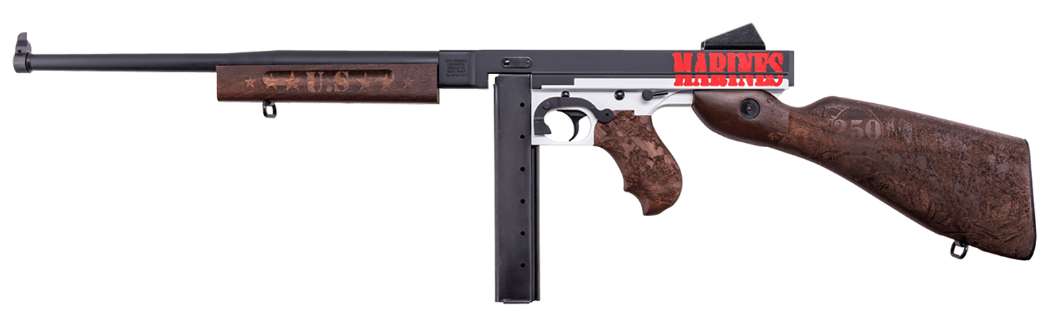 Thompson TM1C6 Marines 250th Anniversary 45 ACP 30+1 16.50″ Midnight Blue Cerakote Barrel, Midnight Blue/Stormtrooper White Cerakote Steel Receiver, Engraved Walnut Fixed Stock, Engraved Wood Grip