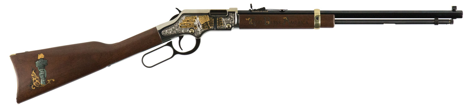 Henry H004GBA Golden Boy God Bless America Edition 22 Short, 22 Long or 22 LR Caliber with 16 LR/21 Short Capacity, 20″ Blued Barrel, Nickel-Plated Metal Finish & American Walnut Stock Right Hand (Ful