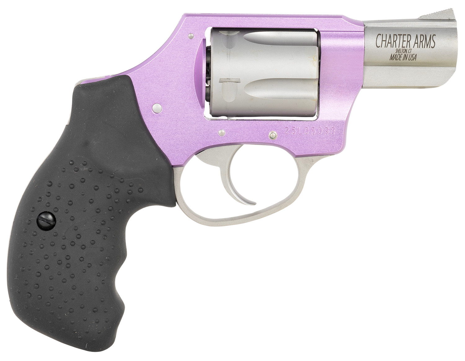 Charter Arms 53841 Undercover Lite Lavender Lady Small 38 Special 5rd 2″ Stainless Steel Barrel & Cylinder, Lavender Aluminum Frame, Black Finger Grooved Rubber Grip, Concealed Hammer