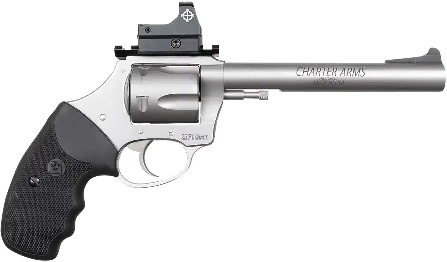 Charter Arms 74465 Mastiff Target Large Frame 44 Special 5rd 6″ Stainless Steel Barrel, Cylinder & Frame, Sightmark Micro Optic, Picatinny Rail, Black Rubber Grip, Exposed Hammer