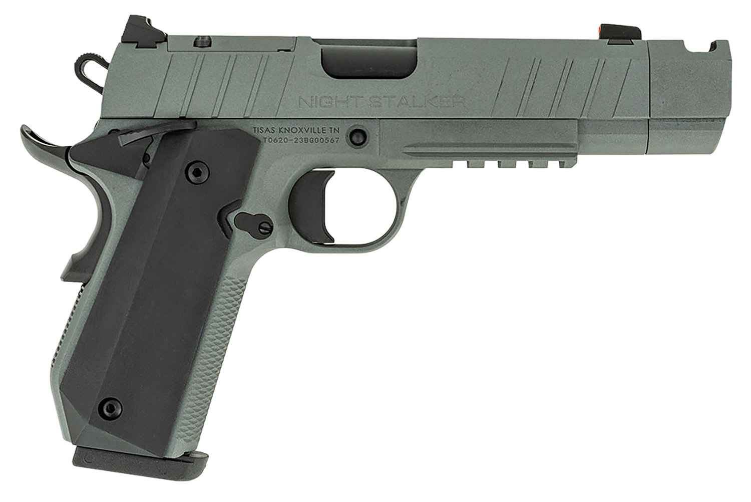 Tisas 10100133 1911 Night Stalker Carry Frame 9mm Luger 10+1 4.25″ Black Cerakote Bull Barrel, Gray Cerakote Serrated Steel Slide, Gray Cerakote Steel Frame w/Beavertail & Picatinny Rail