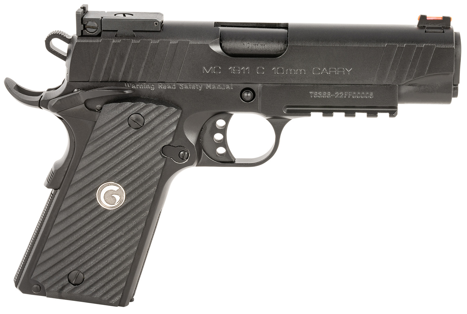 EAA GIRSAN 390605 MC1911 C  Carry Frame 10mm Auto 9+1, 4.40″ Black Steel Barrel, Blued Serrated Steel Slide, Black Steel Frame w/Beavertail & Picatinny Rail, Black Grip, Ambidextrous