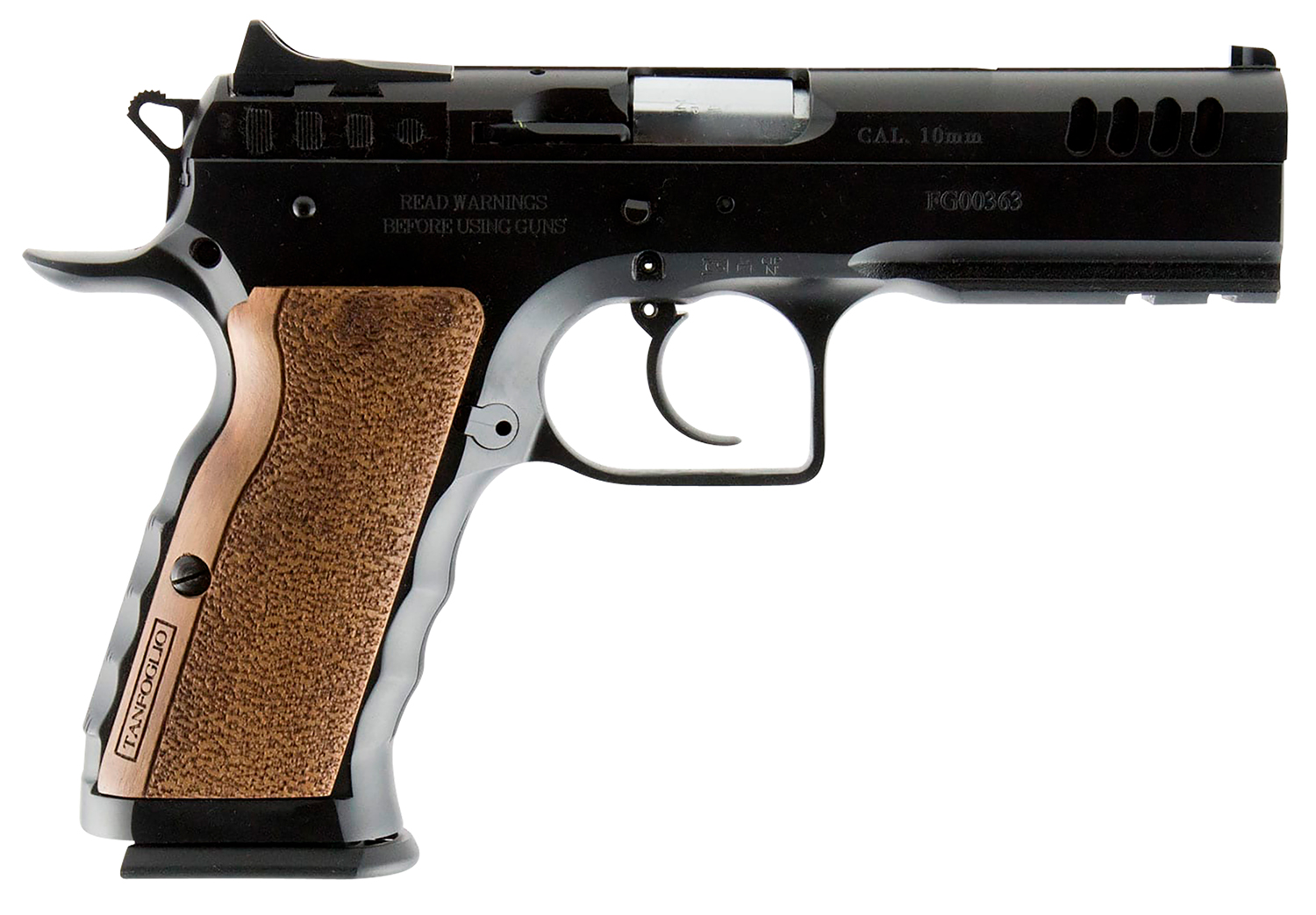 Tanfoglio IFG TFSTOCKI10 Defiant Stock I 10mm Auto Caliber with 4.50″ Barrel, 13+1 Capacity, Overall Black Finish Steel, Picatinny Rail/Beavertail Frame, Serrated Slide & Wood Grip