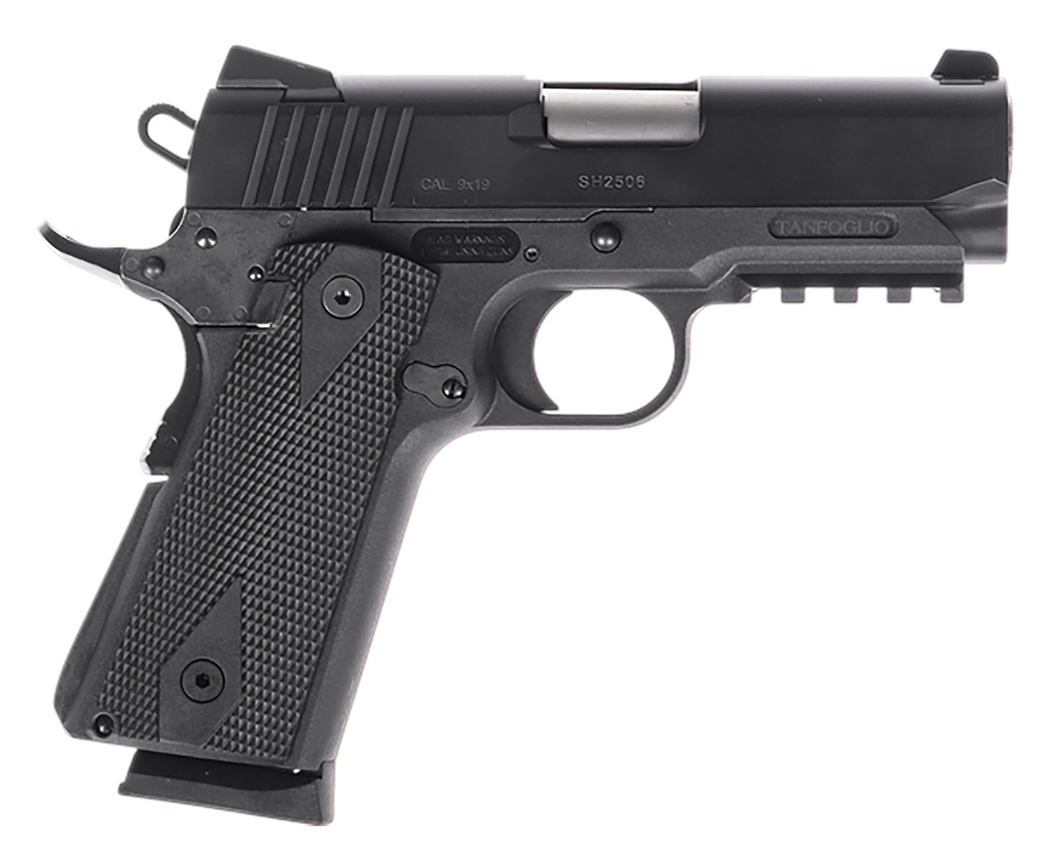 Tanfoglio TFPUGIO9 Pugio  Compact 9mm Luger 10+1 3.54″ Stainless Bull Barrel, Black Steel Serrated Slide, Black Polymer Frame w/Beavertail & Picatinny Rail, Textured Grip