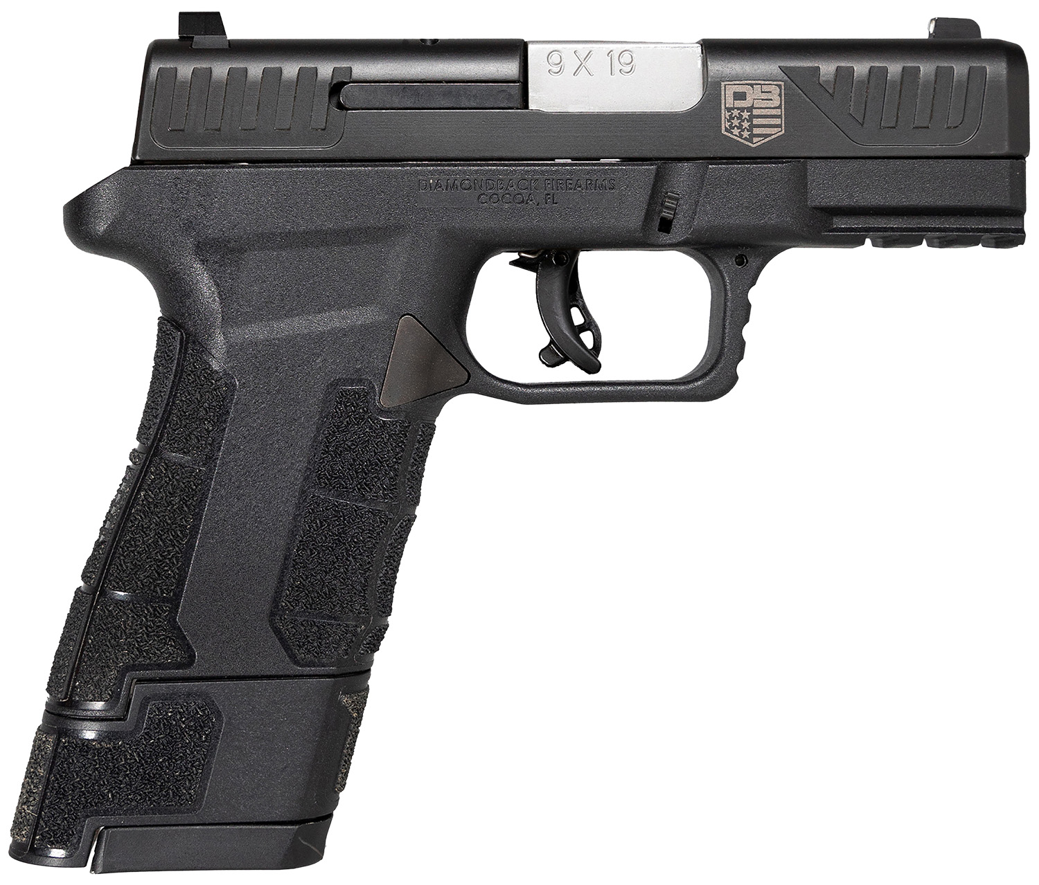 Diamondback DB0300P001 AM2  Sub-Compact Frame 9mm Luger 17+1, 3.50″ Stainless Steel Barrel, Black Nitride Serrated Stainless Steel Slide, Black Polymer Frame w/Picatinny Rail & Polymer Grip