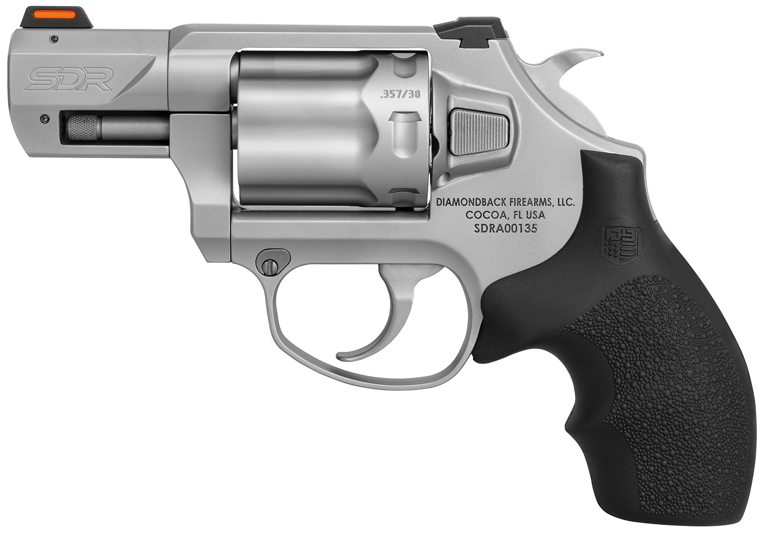 Diamondback DB0700S711 SDR  Small 357 Mag/38 Special +P 6 Shot 2″ Glass Bead Stainless Steel Barrel, Cylinder & Frame, Black Hogue Rubber Grip, Exposed Hammer