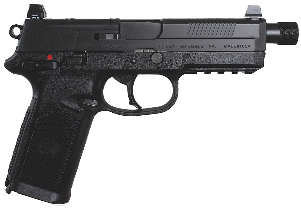 FN 66966 FNX Tactical 45 ACP 15+1 5.30″ Steel Threaded Barrel Black Optic Ready/Serrated Slide Matte Black Polymer Frame w/Picatinny Rail Black Textured w/Interchangeable Backstrap Grips Right Hand