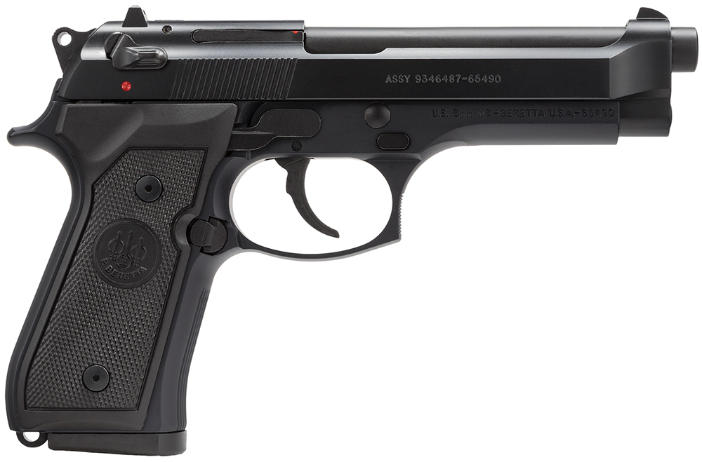 Beretta USA J92M9A0M M9  Full Size Frame 9mm Luger 15+1, 4.90″ Steel Barrel, Black Bruniton Serrated Steel Slide & Aluminum Frame w/Beavertail, Ambidextrous