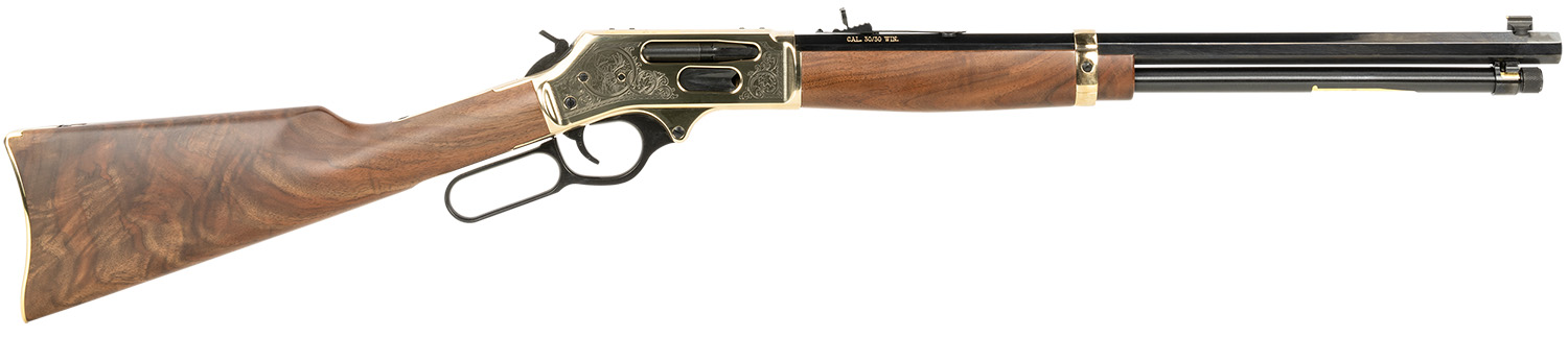 Henry H009BGWL Wildlife  30-30 Win 5+1 20″ Blued Octagon, Polished Brass Engraved Rec, American Walnut Furniture, Adj. Brass Buckhorn Sight