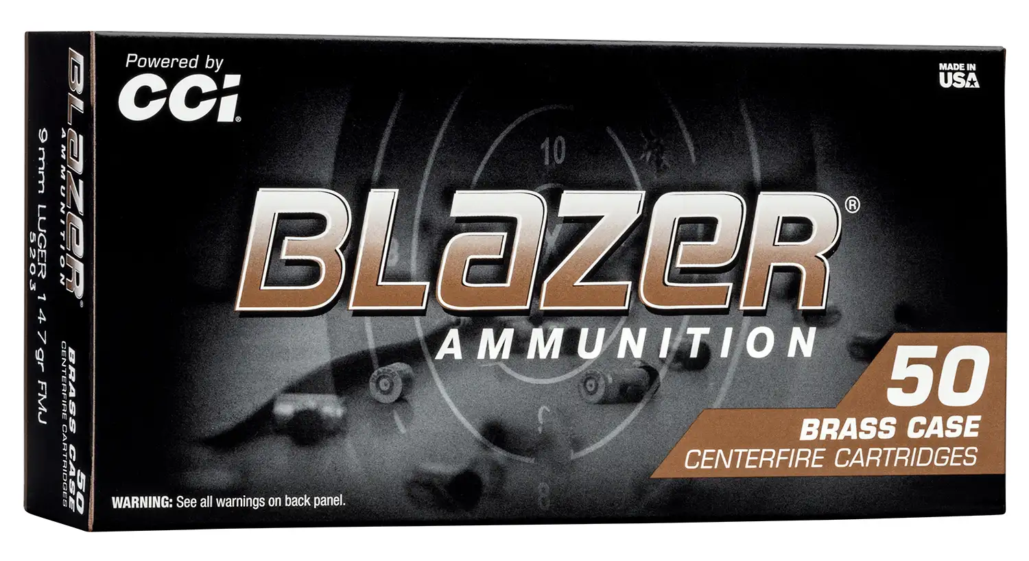 CCI 9MM LUGER 147GR TMJ BLAZER BRASS C-F SUPPRESSOR 50RD/BX 10BX/CS